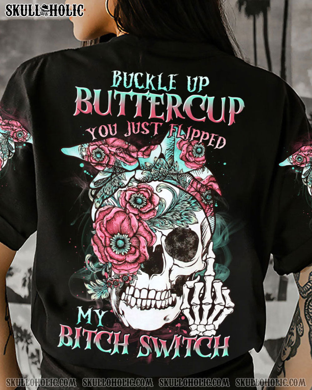 BUCKLE UP BUTTERCUP FLOWER SKULL ALL OVER PRINT - TLTR1804231