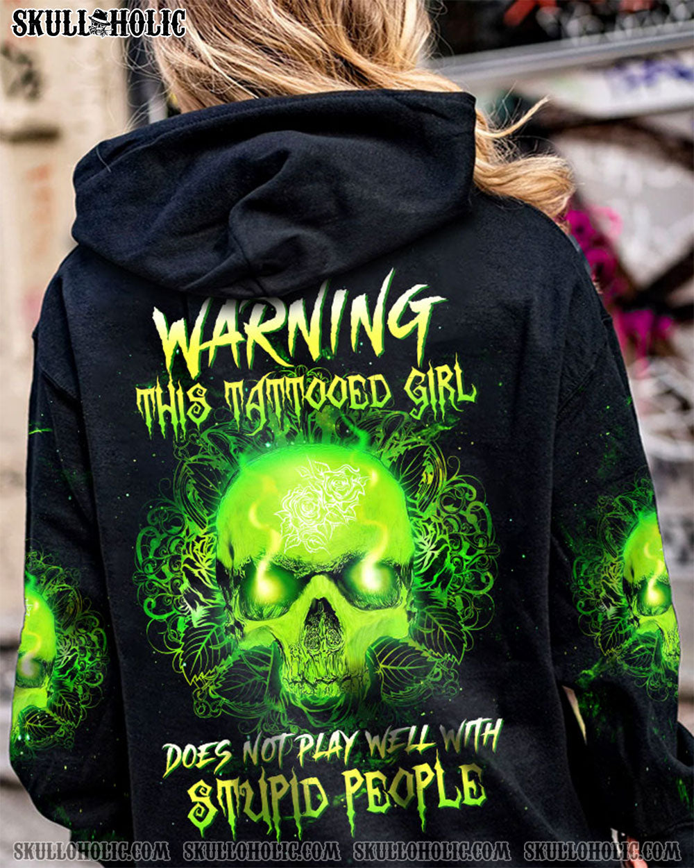 WARNING THIS TATTOOED GIRL GREEN SKULL ALL OVER PRINT - TLTW2012223