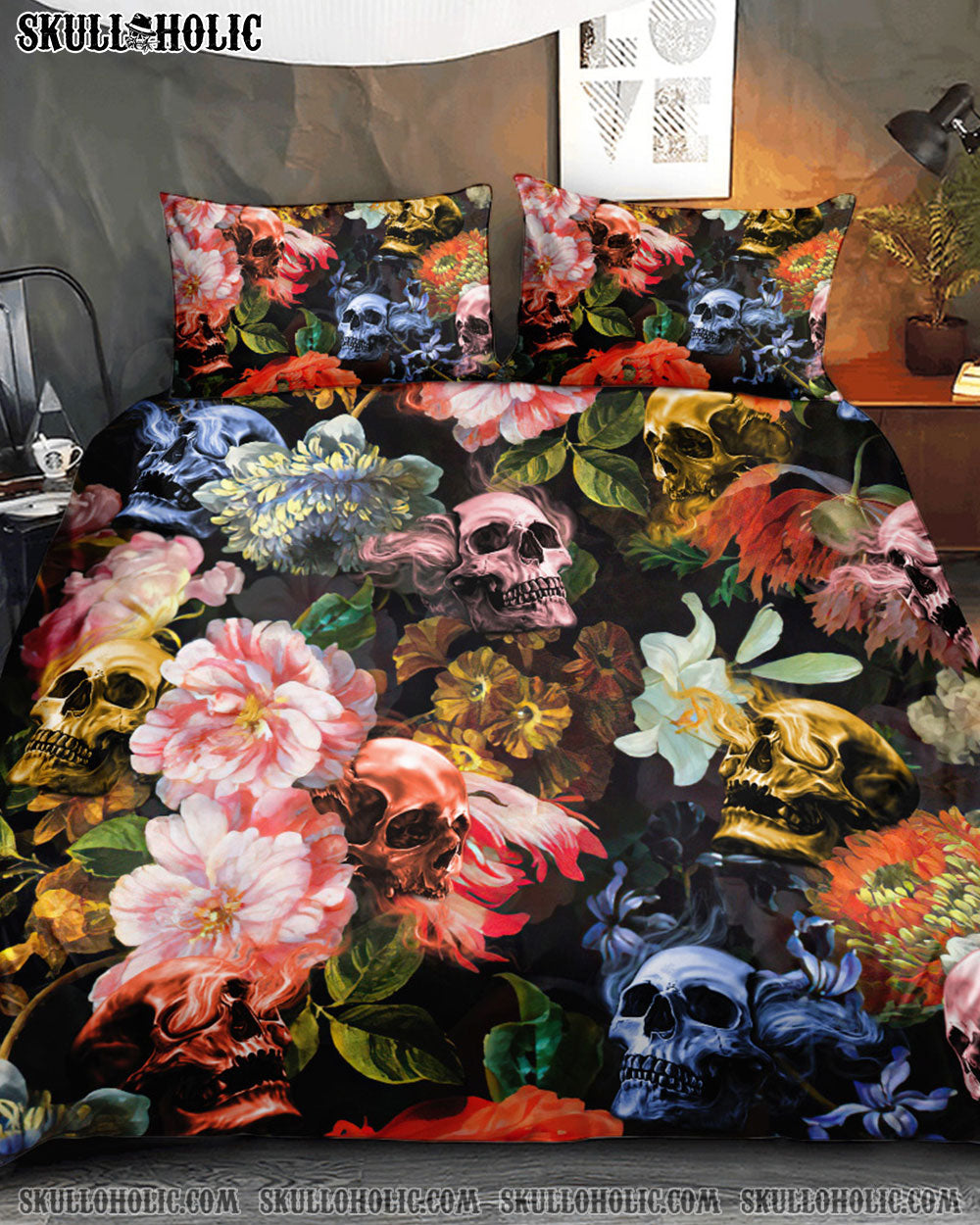 MIDNIGHT FLOWERS SKULL BEDDING SET - NO0508223