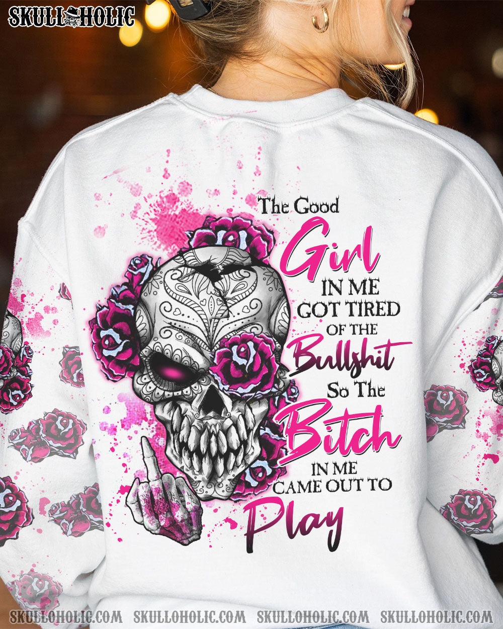 THE GOOD GIRL IN ME PINK ROSE TATTOOED SKULL ALL OVER PRINT - TLTW2111223