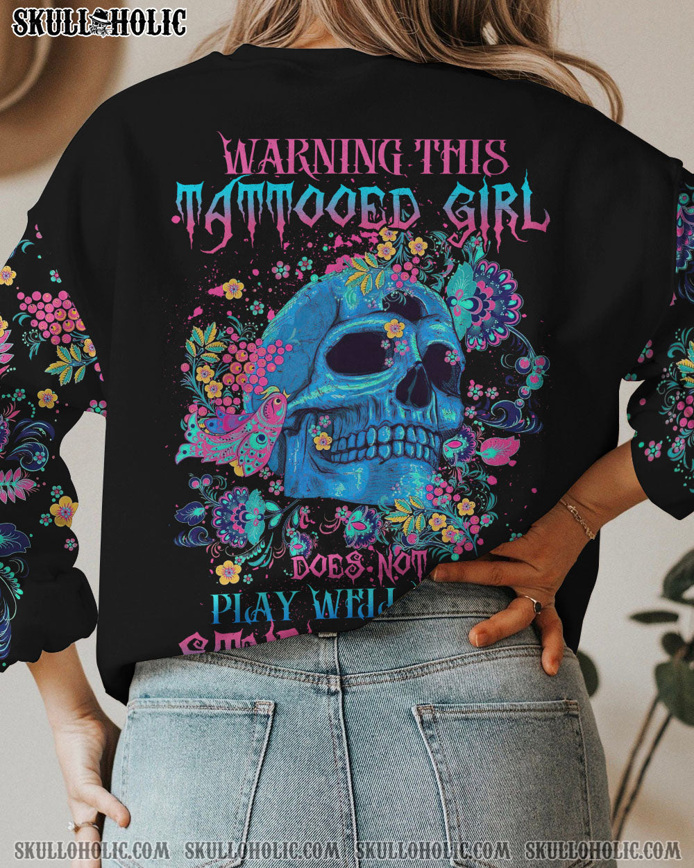 WARNING THIS TATTOOED GIRL FLORAL SKULL ALL OVER PRINT - TLTR2912221