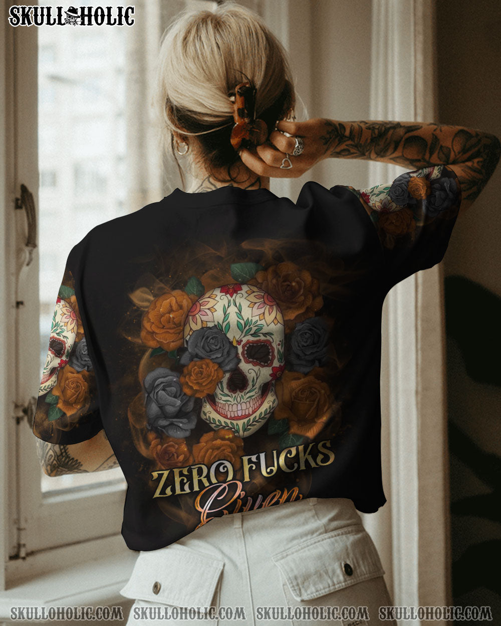 ZERO FCKS GIVEN FLOWER SKULL ALL OVER PRINT - YHTH2909221