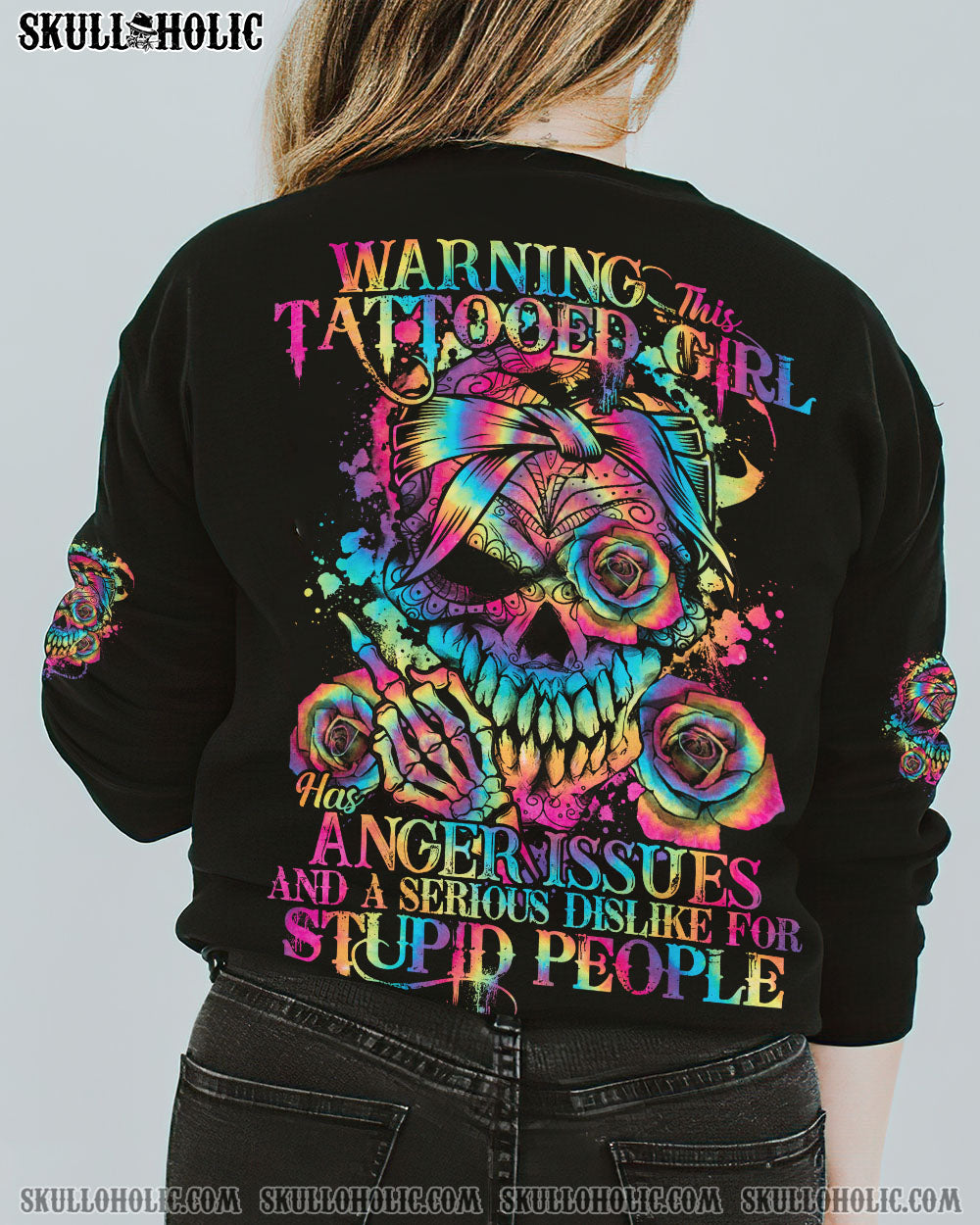 WARNING TATTOOED GIRL SKULL TIE DYE ALL OVER PRINT - TLTY1010221