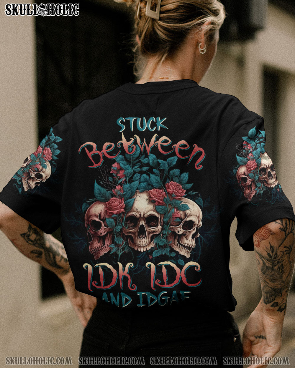 STUCK BETWEEN IDK IDC AND IDGAF ROSE SKULL ALL OVER PRINT - TLTW2003233