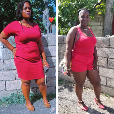 Latoya, who always wear our large, even in item that doesn't stretch, is wearing Large Sete in the dress on the Left and large in shorts Se