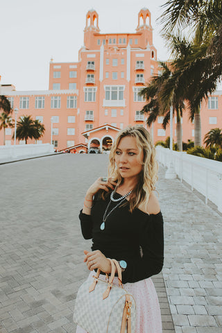 Don Cesar Hotel Wearing Louis Vuitton Speedy with Love Shack Fancy Skirt