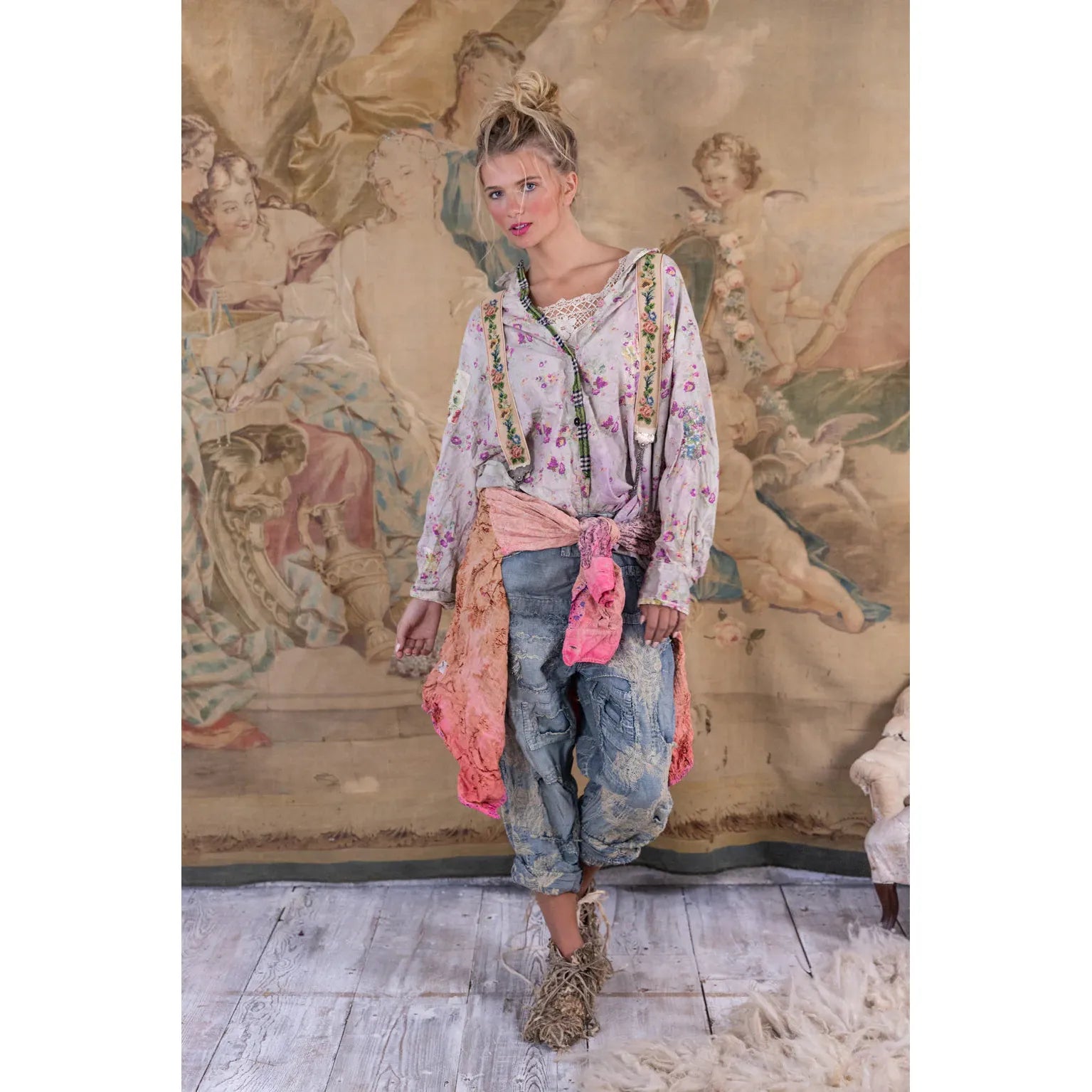 (179933) Printed Boyfriend Shirt - Magnolia Pearl