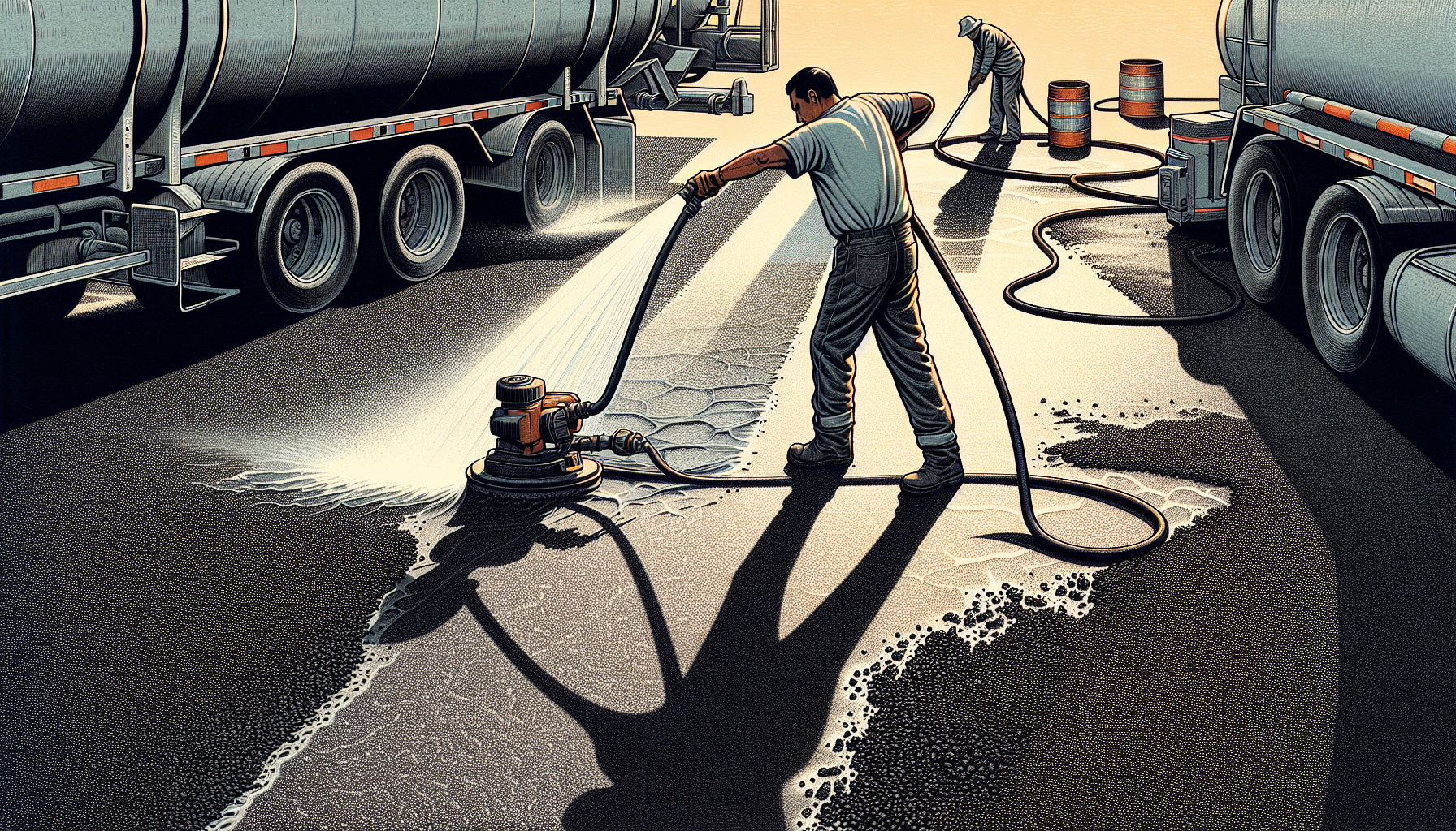 Illustration of cleaning the asphalt surface before seal coating