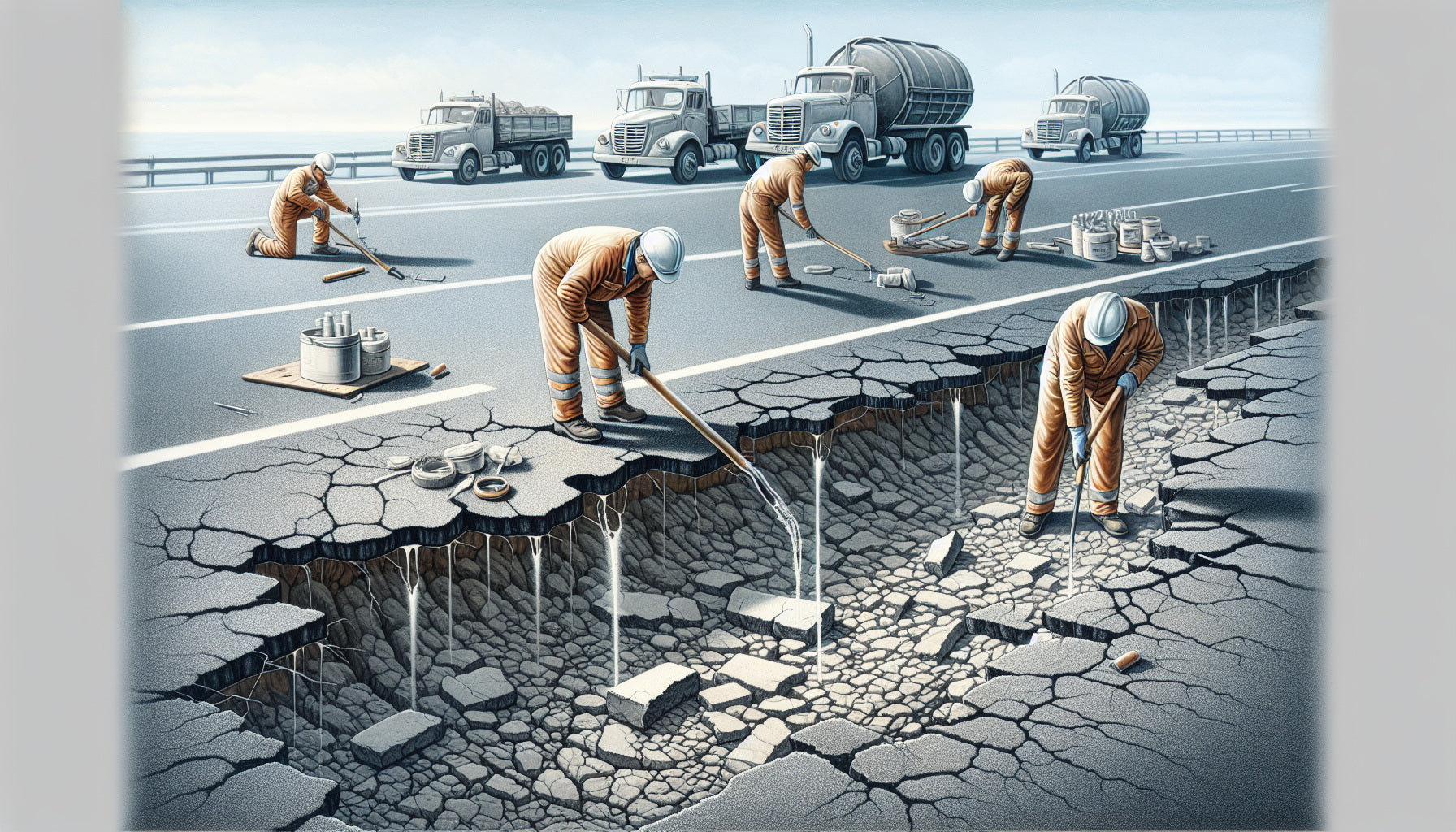 Illustration of filling cracks and potholes before seal coating