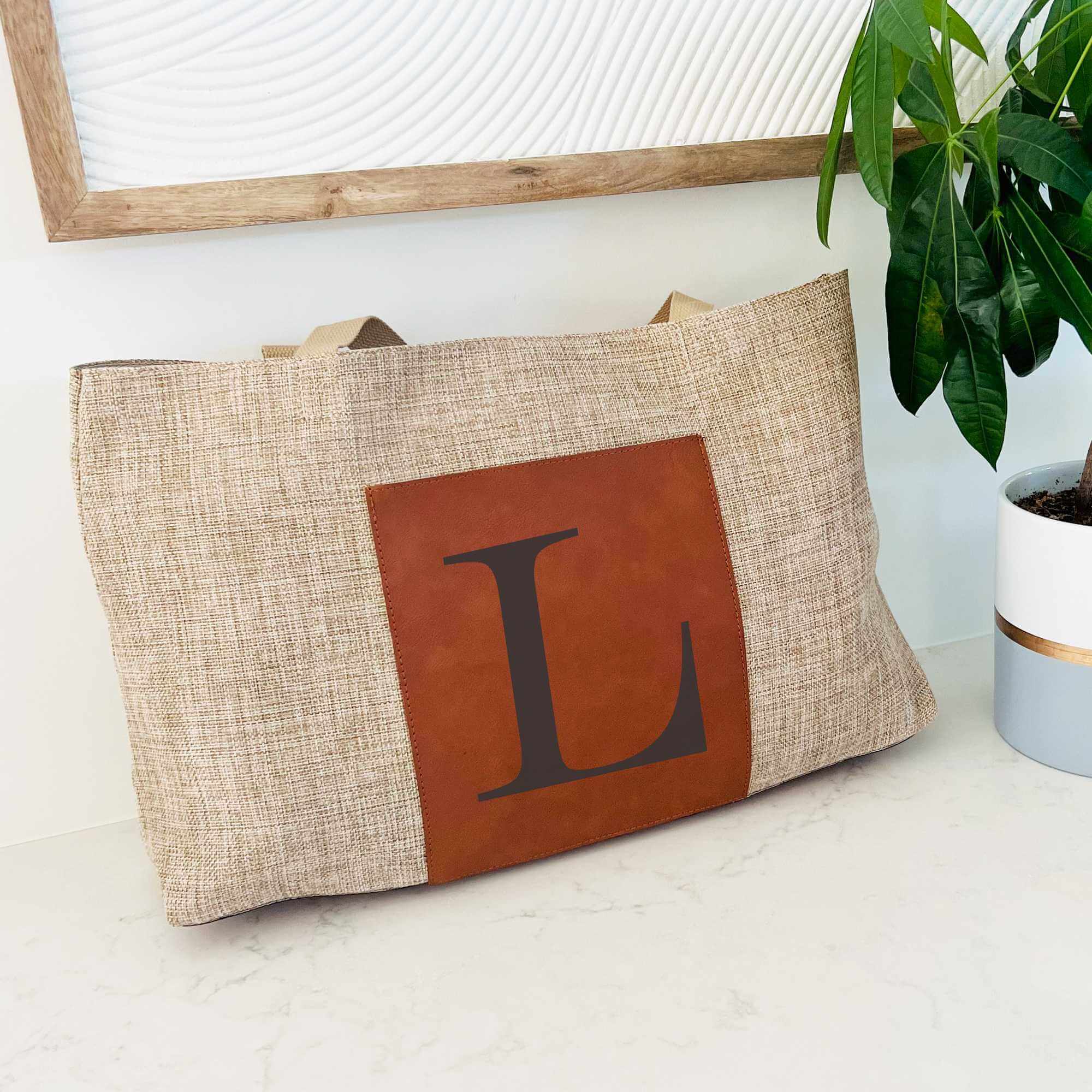 Personalized Burlap Tote Bag with Initial