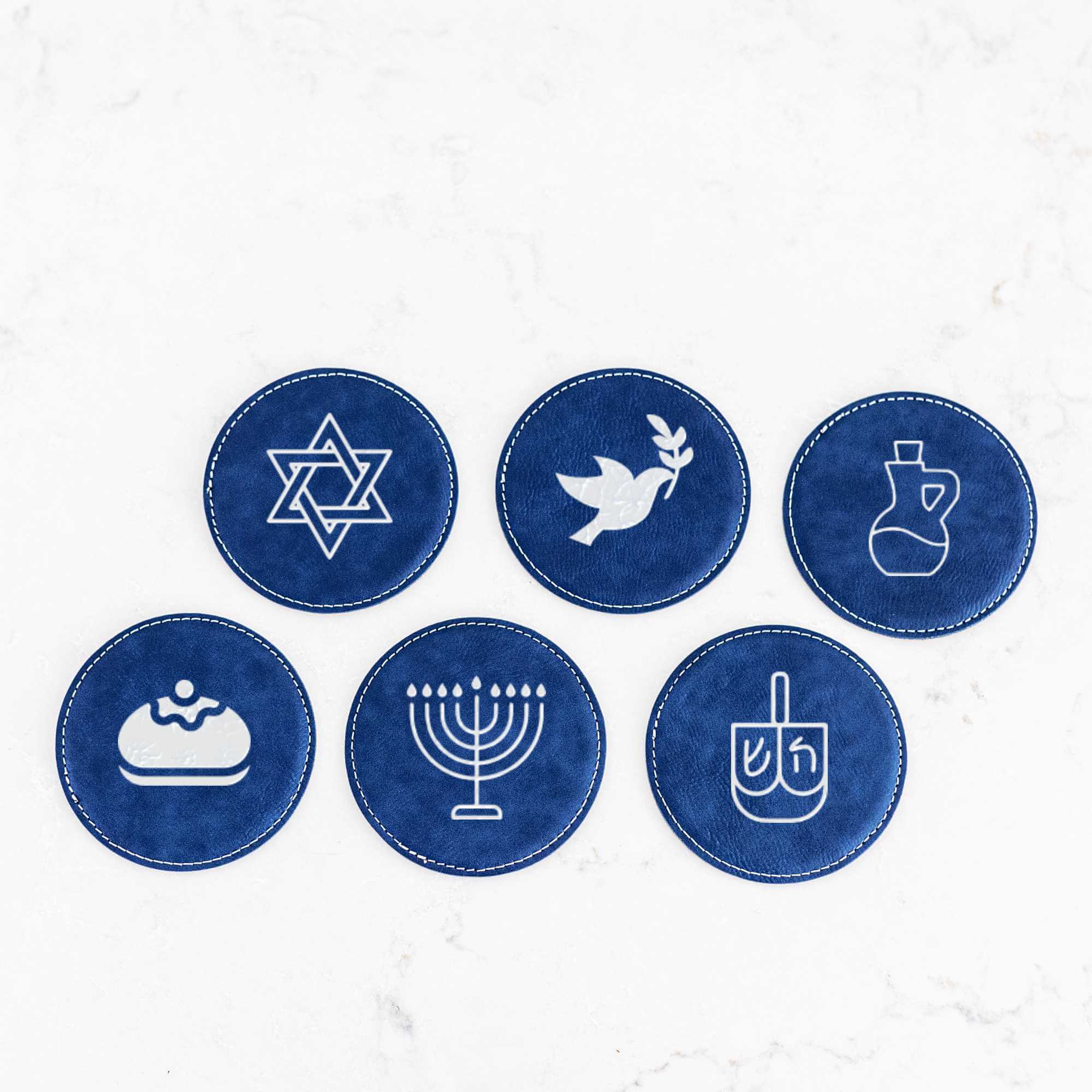 Hanukkah Symbols - Set of 6 Blue Vegan Leather Coasters & Case