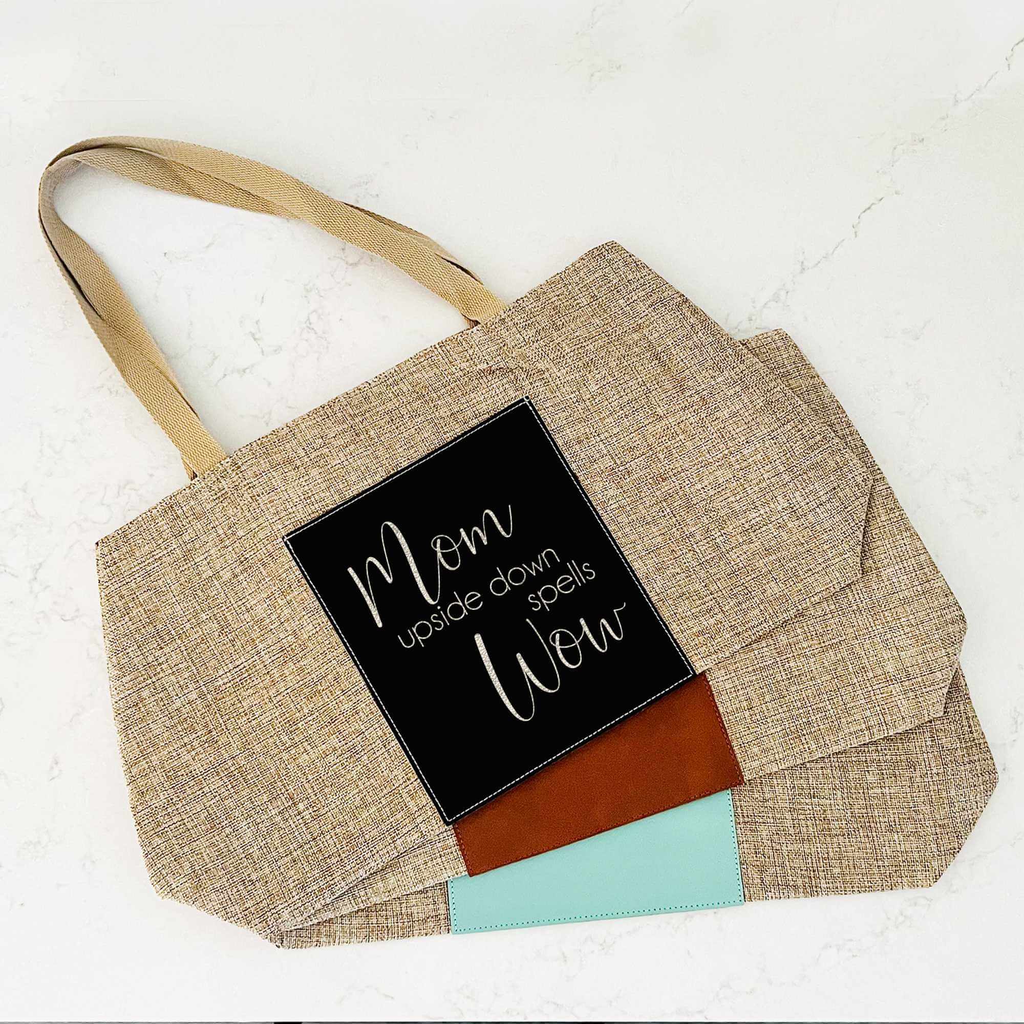 Burlap Tote Bag - Mom Upside Down Spells Wow