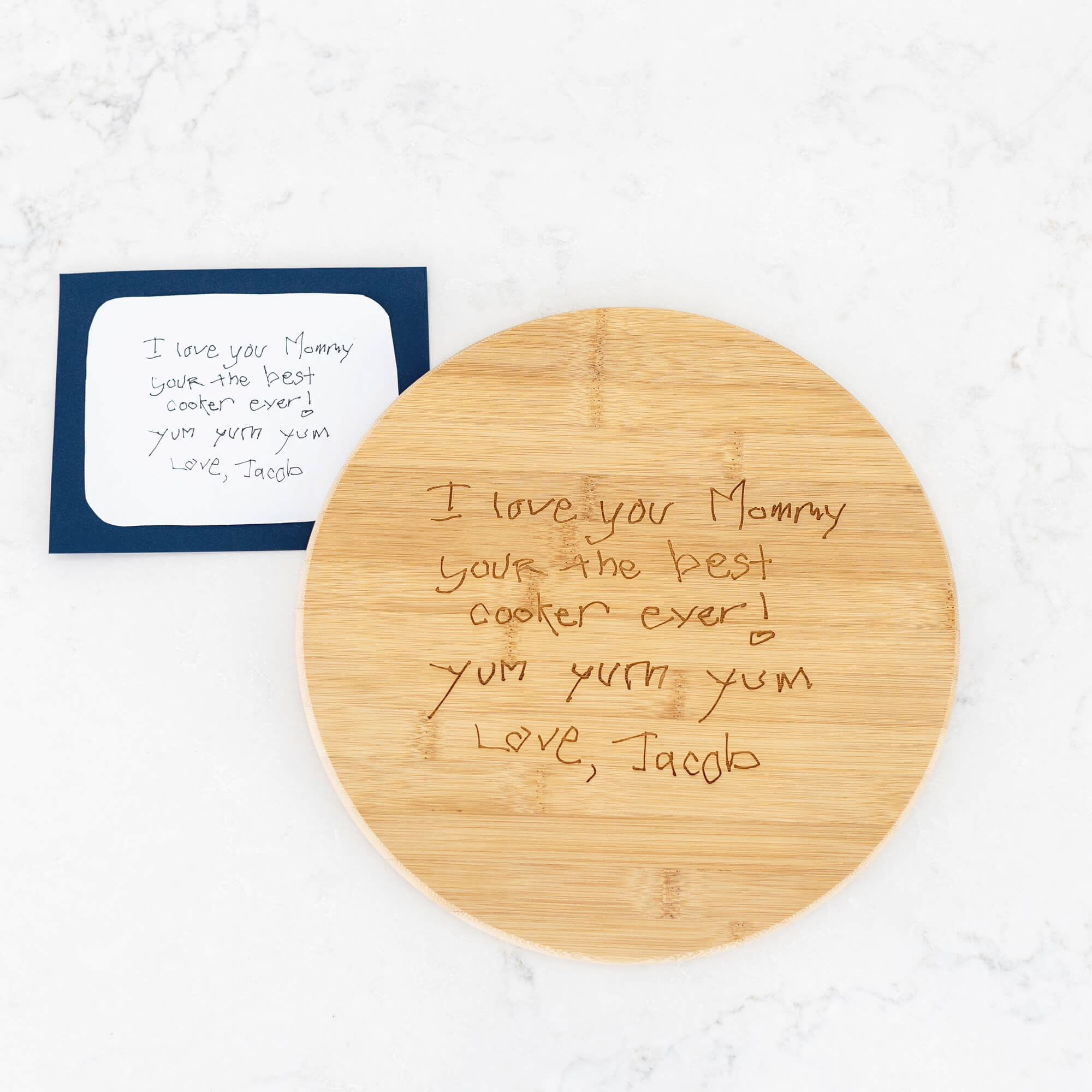 Round Bamboo Charcuterie Board Engraved with Handwriting - 11.75 inch