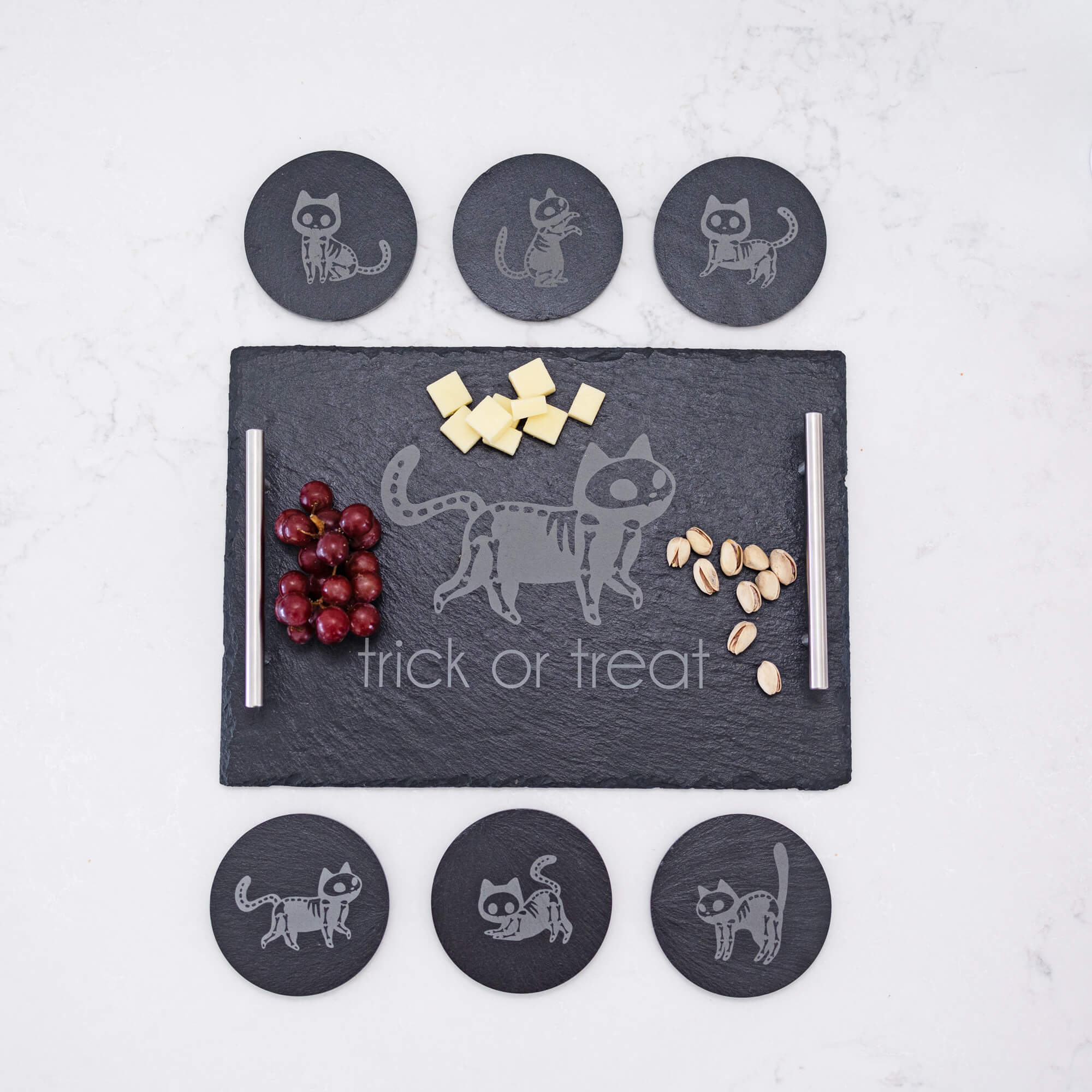 Skeleton Cat - Slate Charcuterie Board & Coaster Set