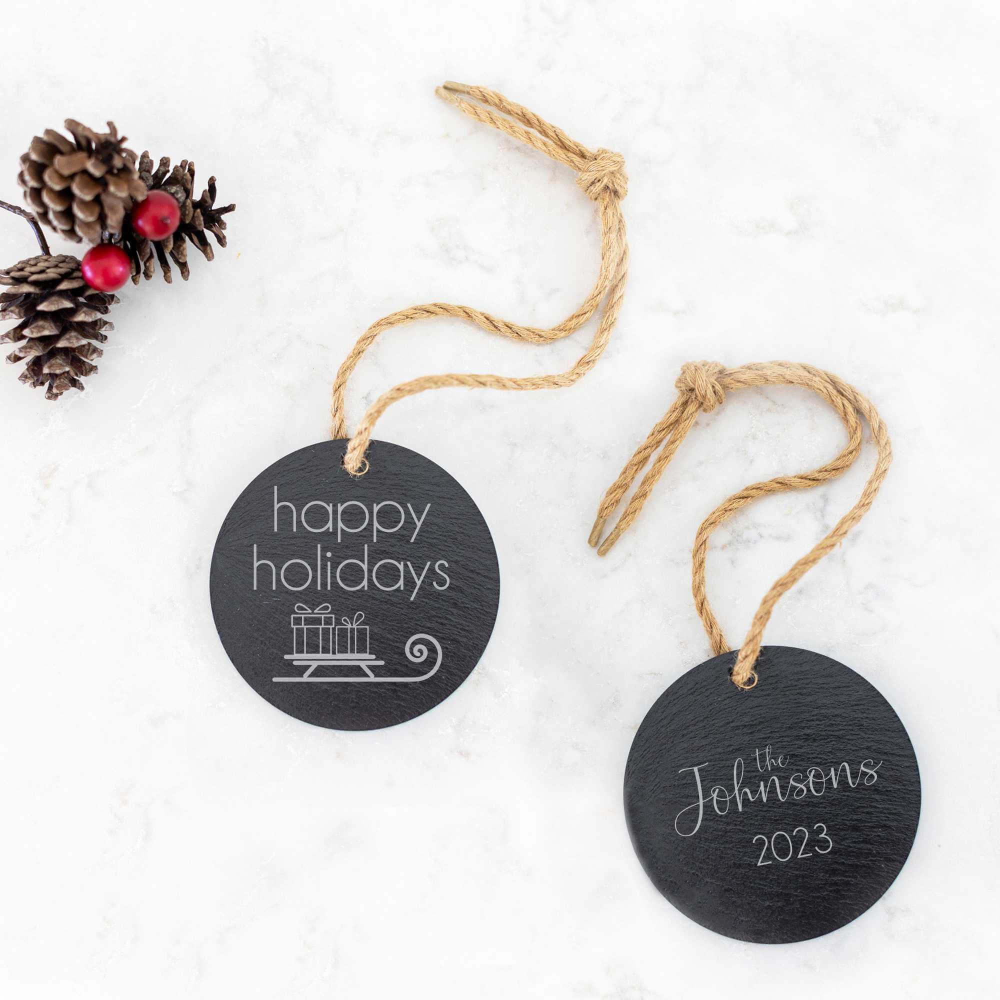 Happy Holidays - Slate Tree Ornament with Year and Sled