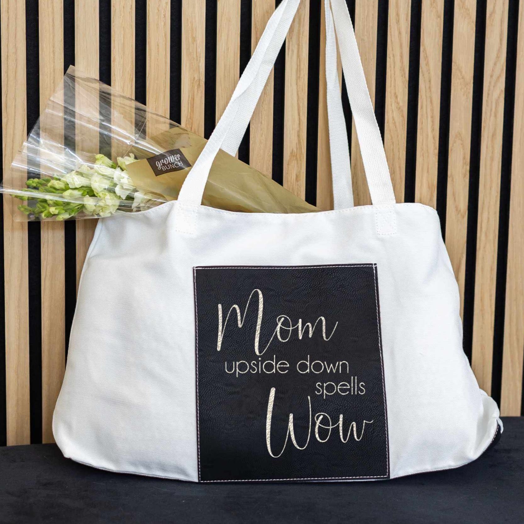 Vegan Leather and Canvas Tote Bag - Mom Upside Down Spells Wow