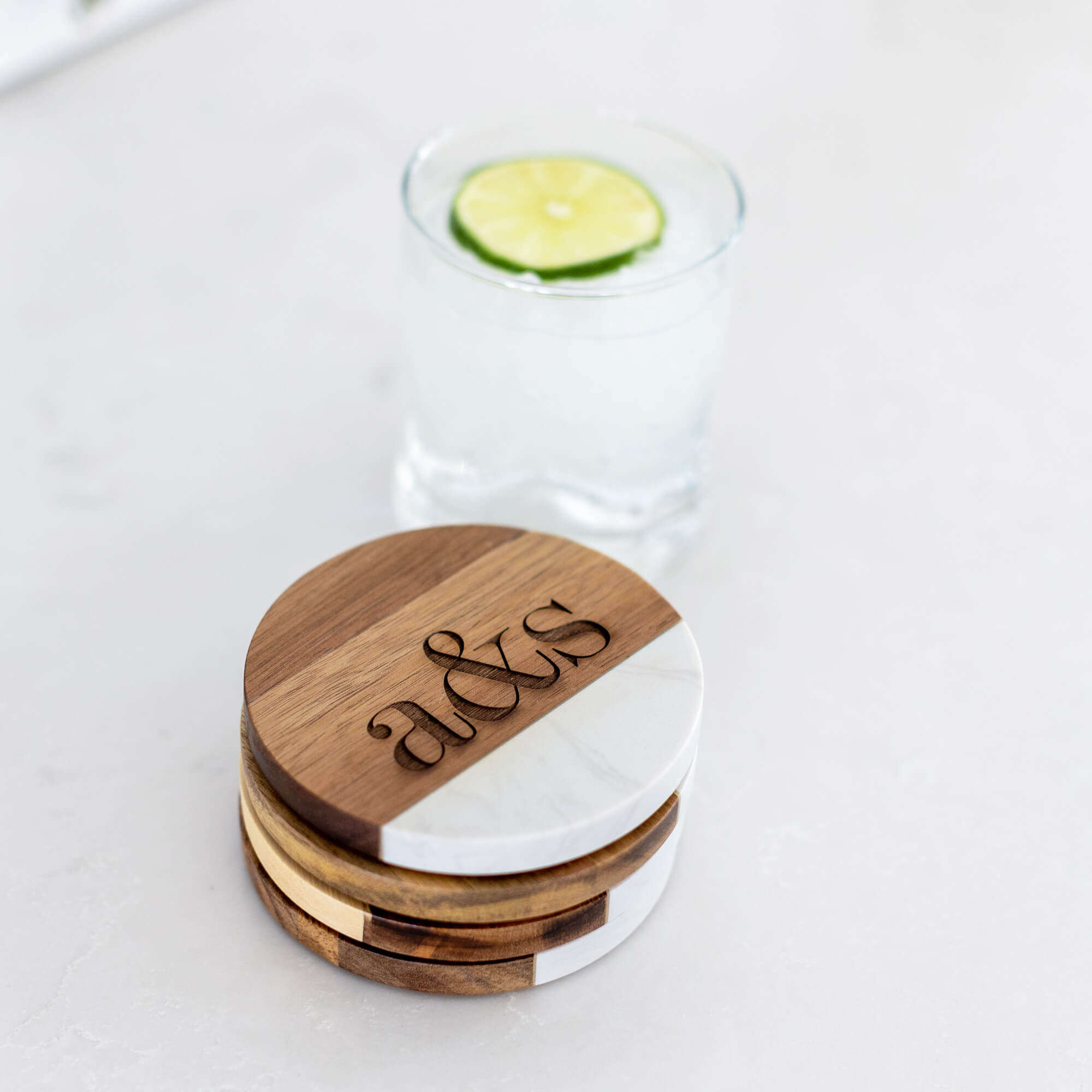 Couple's Initials on Marble & Acacia Coasters - choose a shape - 4 pcs