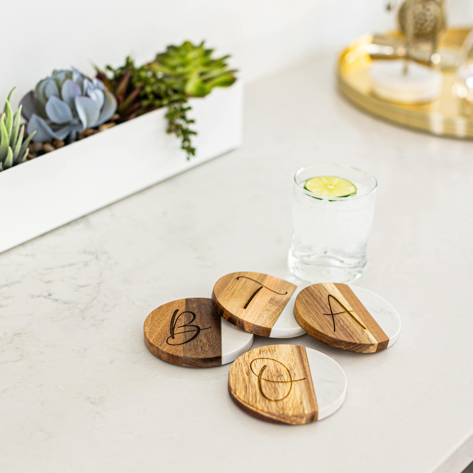 Marble and Acacia Wood Coasters with Initial - Set of 4 - Round