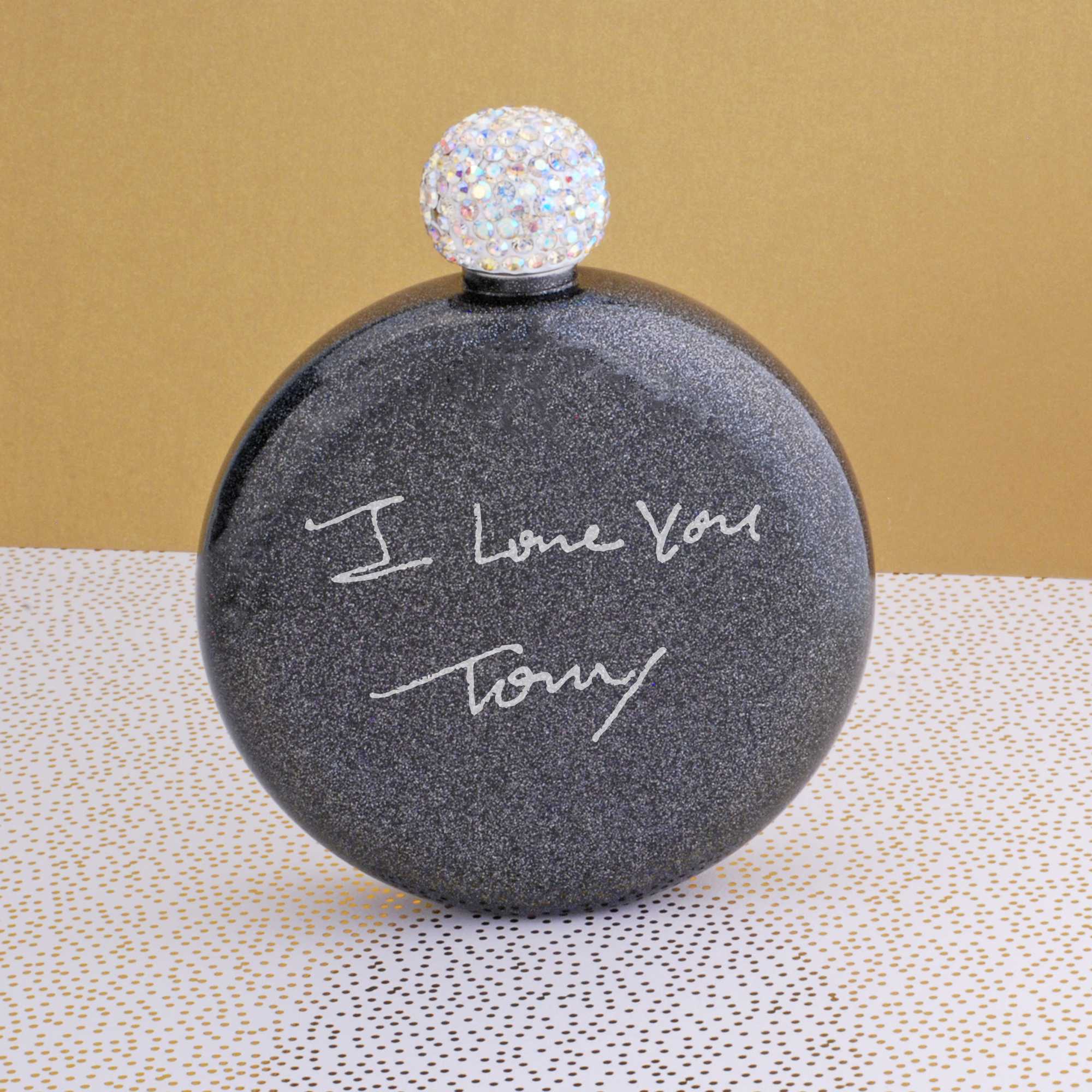 Round Glitter Flask Engraved with Your Handwriting