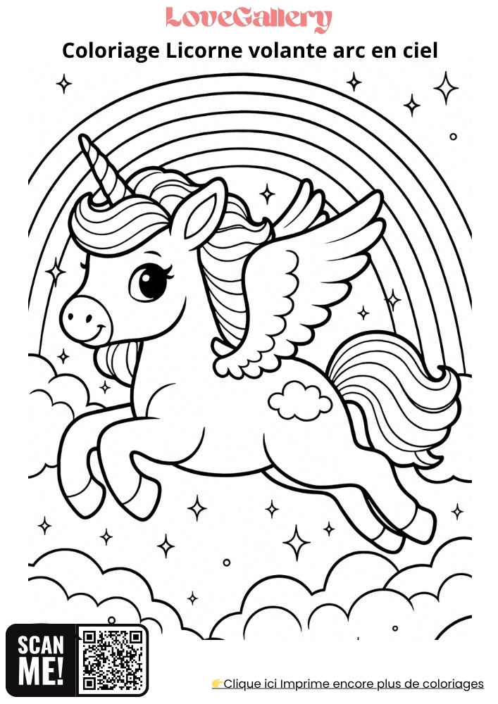 Coloriage licorne volante avec arc-en-ciel