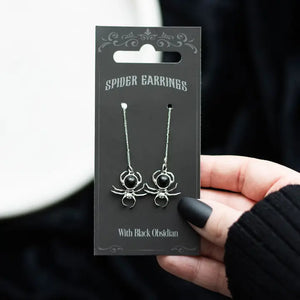 Gothic Black Obsidian Spider Threader Earrings - Weeds