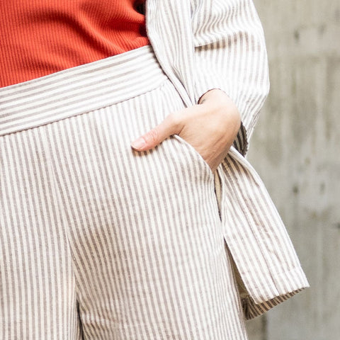 Women's Beige Stripe Culotte Pants - Wide Leg | High Waist | Flat Front | Elastic Waist | Pockets | Hemp Organic Cotton | Soft | Comfortable