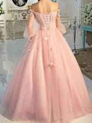 Ball Gown Elegant Floral Quinceanera Prom Dress Off Shoulder Long Sleeve Floor Length Tulle with Pleats Appliques - RongMoon