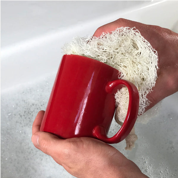 loofah sponge washing up red mug