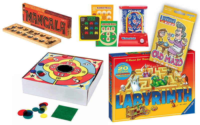 A collection of retro games like mancala, checkers, waterfuls, labyrinth, and tiddledy winks