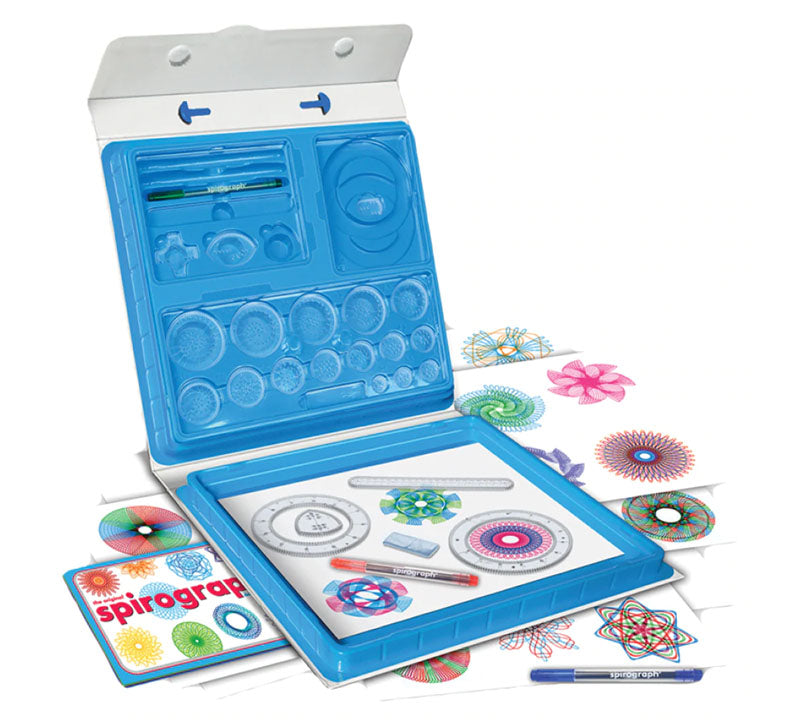 the spirograph deluxe set with drawing boards, storage kit, gears, design pens, and guide. 