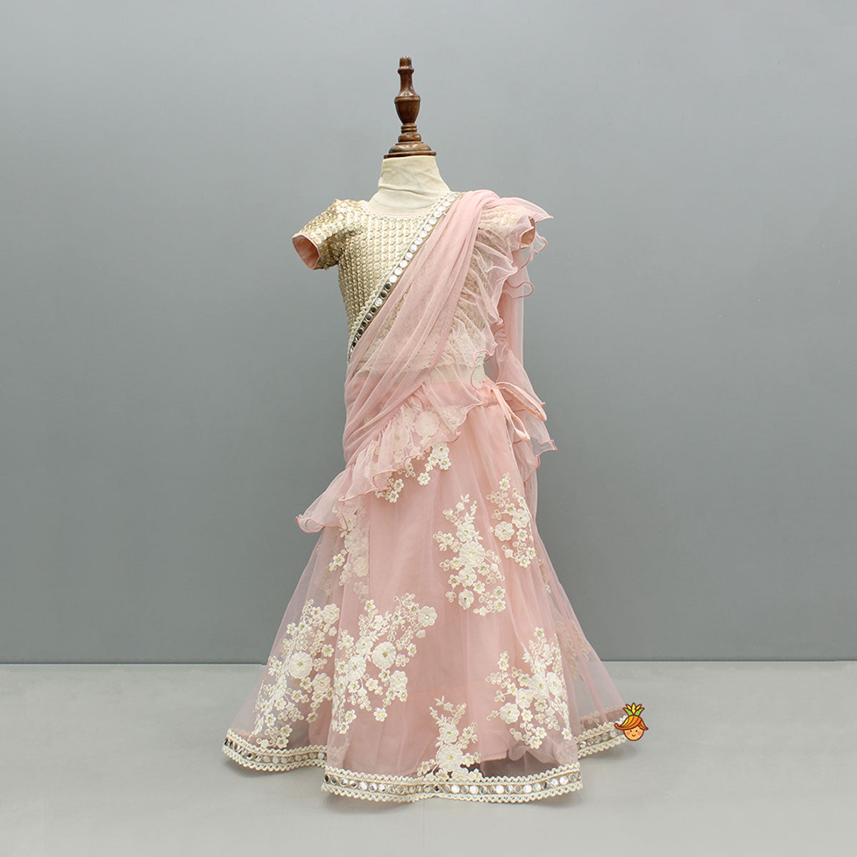 Sequins Work Top With Embroidered Lehenga And Attached Dupatta