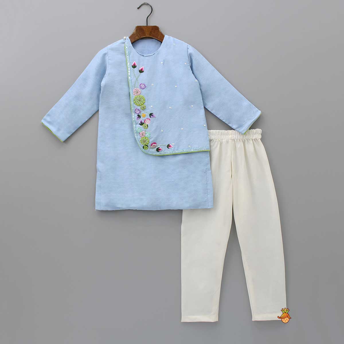Blue Kurta With One-Side Embroidered Flap And Churidar
