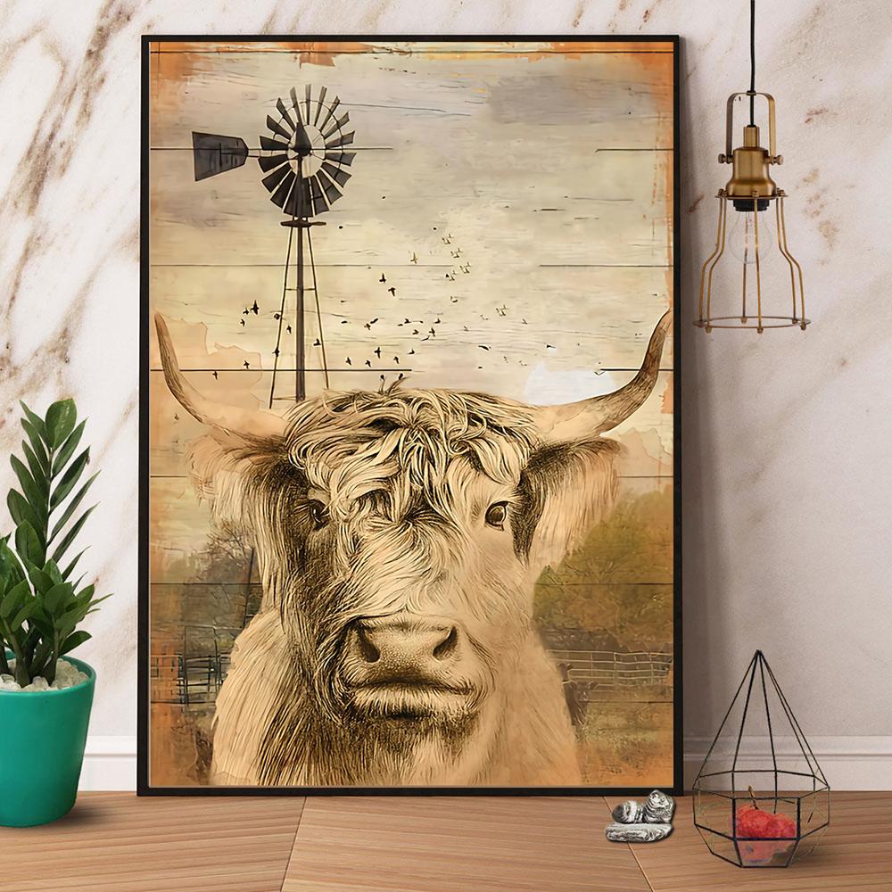 Highland Cow Vintage Canvas And Poster, Wall Decor Visual Art