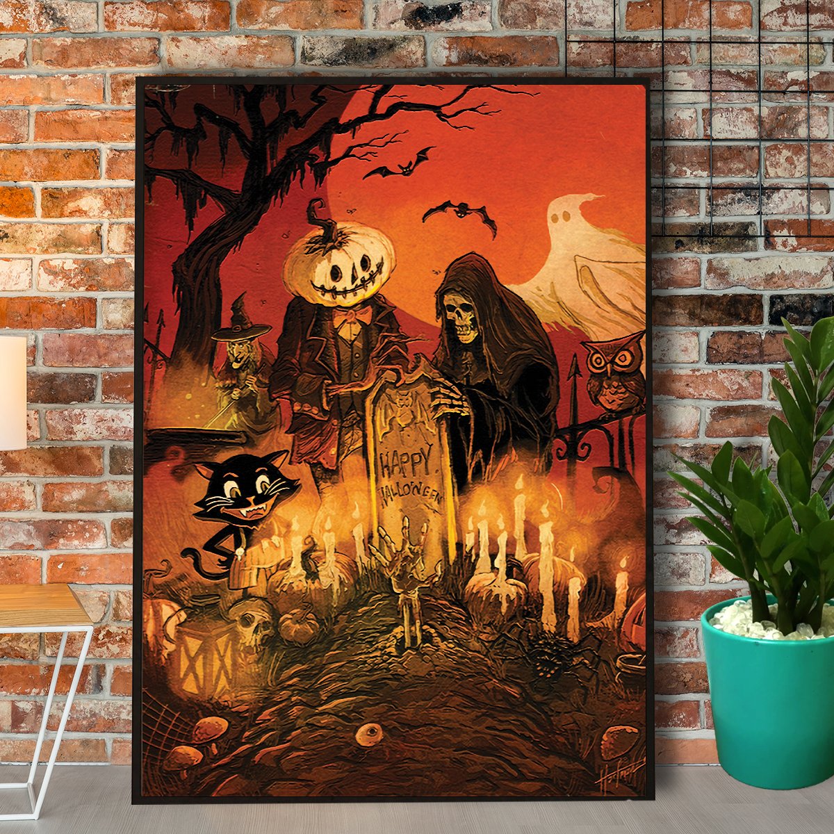 The Death Pumpkin Head Black Cat Halloween Canvas And Poster, Wall Decor Visual Art, Halloween Gift, Happy Halloween