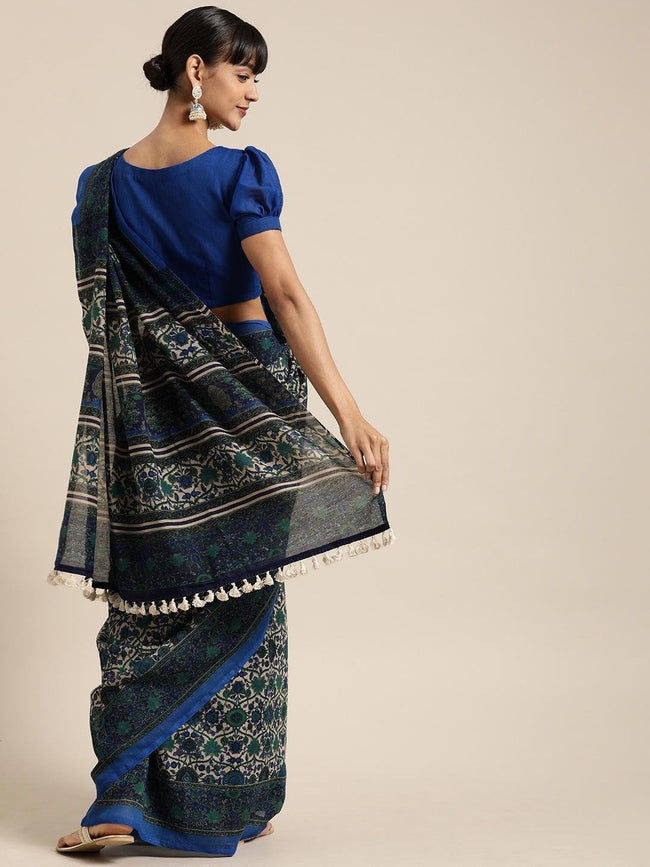 Beige & Blue Silk Blend Printed Banarasi Saree - Inddus