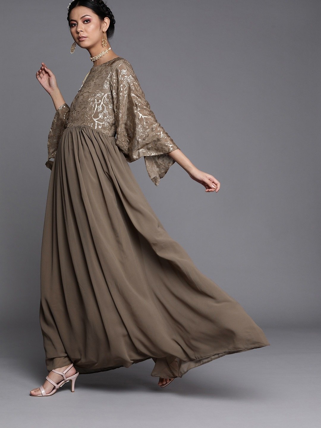 Beautiful Brown Georgette Partywear Embellished Maxi Dress Online