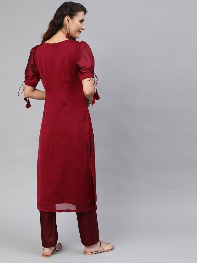 Women Maroon Embroidered Puff Sleeved Kurta with Trousers - Inddus