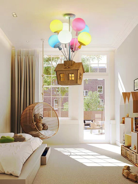 Cartoon Flying House Travel Chandelier Lighting Color Bubble Ball Creative Wooden LED Hanging Lamp For Children Room Bedroom E27