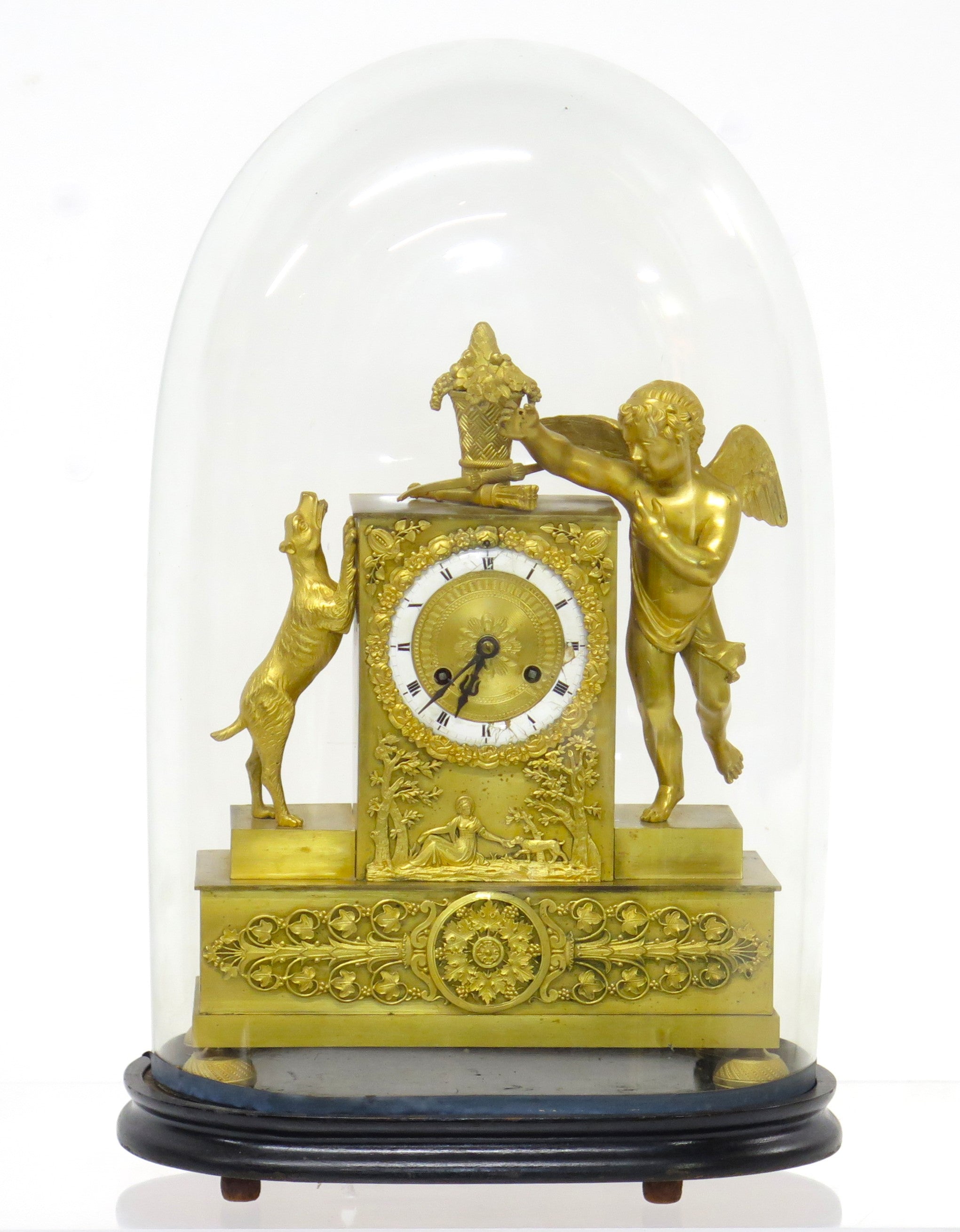 Charles X Gilt Bronze Mantel Clock with Cupid and a Dog Stamped Bechot