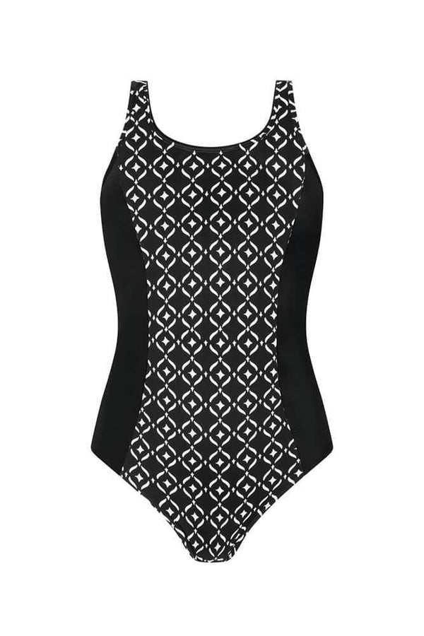 Manila Blouson Swim Top - black / white, Pocketed Mastectomy Swimwear, Amoena USA