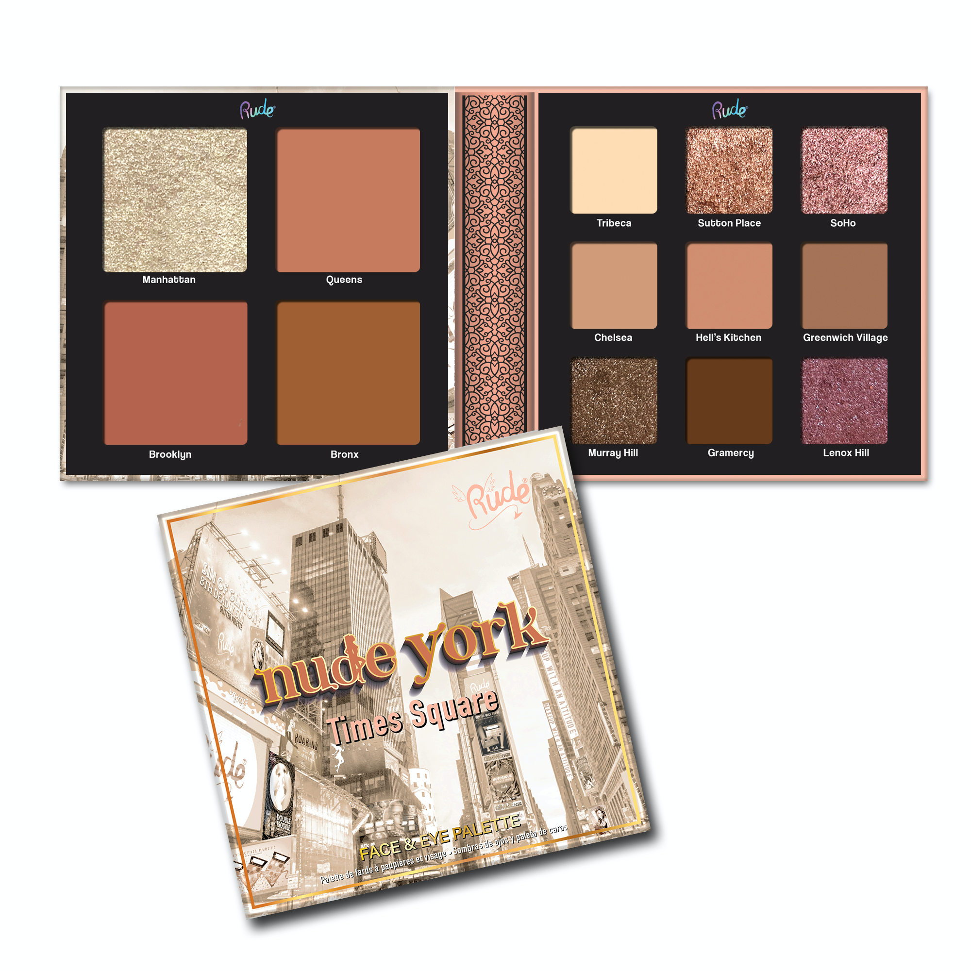 Rude Cosmetics Nude York Eyeshadow and Face Palette. Featuring Neutral, Warm Tone Shades