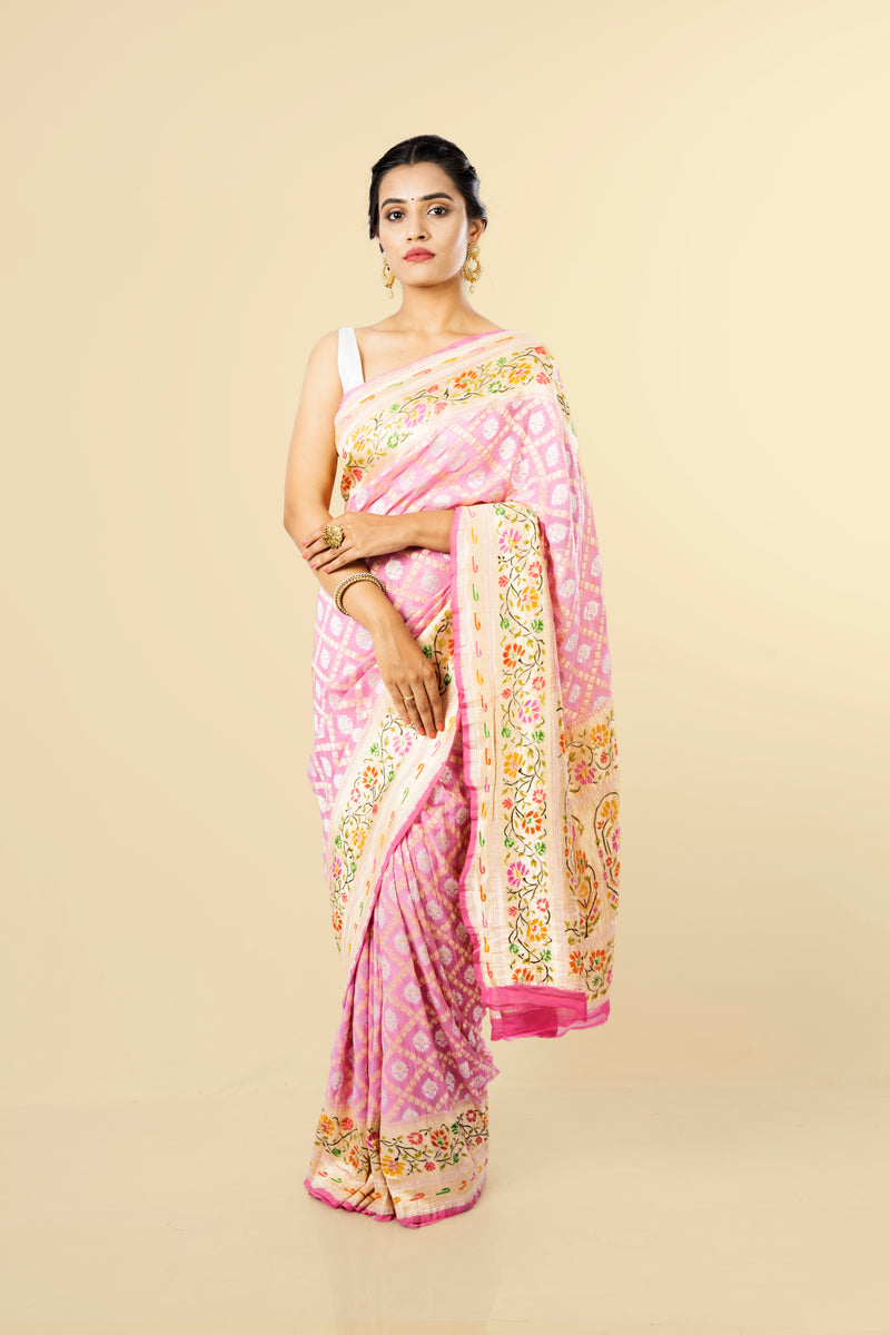blush pink Banarasi georgette saree