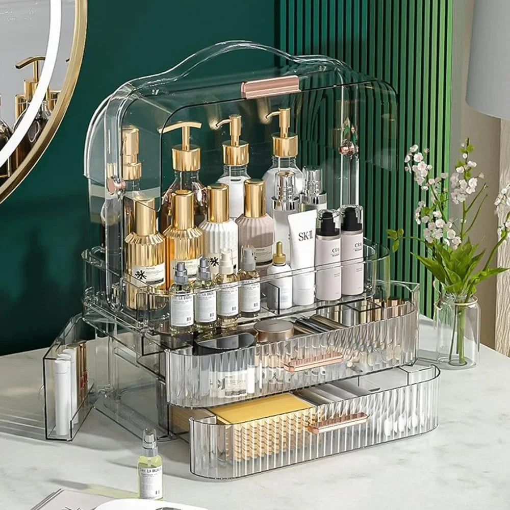 Cosmetics Storage Transparent Lid Large Makeup Organizer Box Drawers Portable Handle Waterproof Dustproof Skincare Display Cases