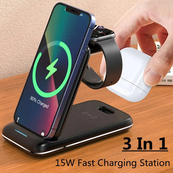 3-in-1 Wireless Charger Stand for iPhone, Apple Watch, and AirPods 15W Fast Charging - IHavePaws