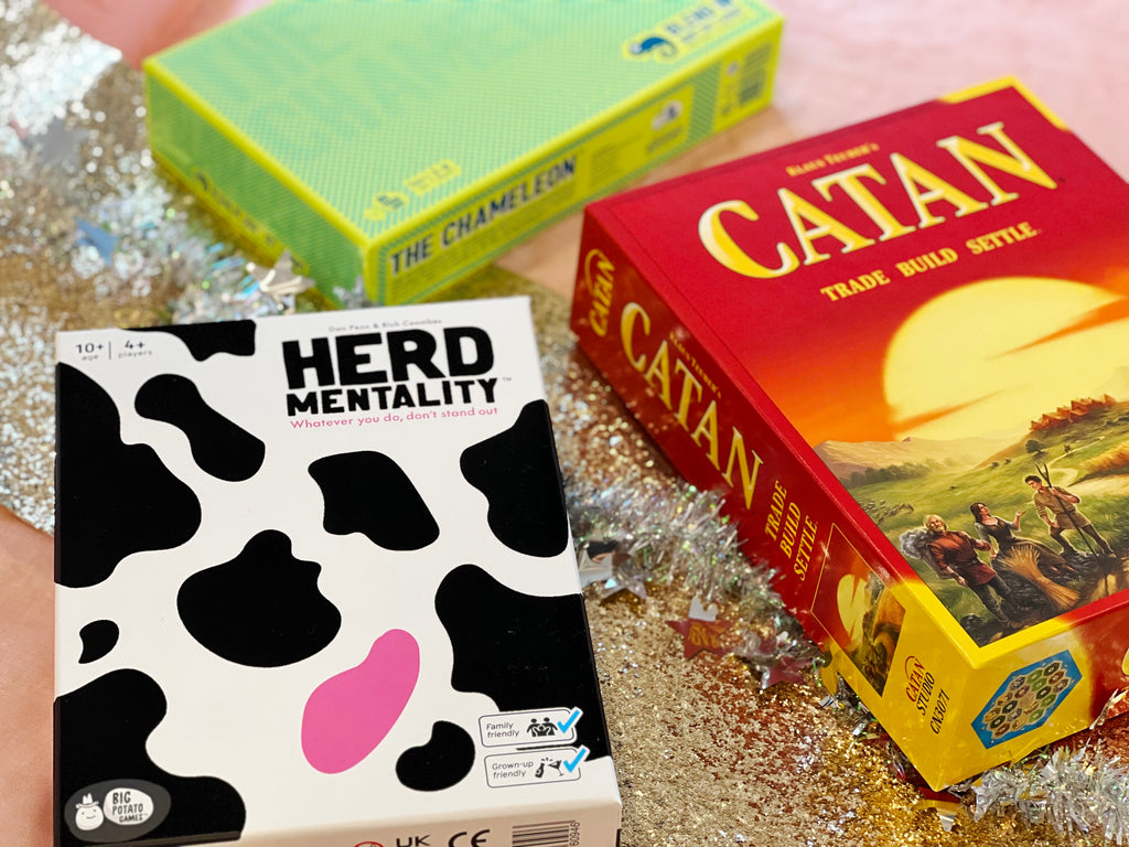 board games from VR Distributions including Heard Mentality, Catan and The Chameleon