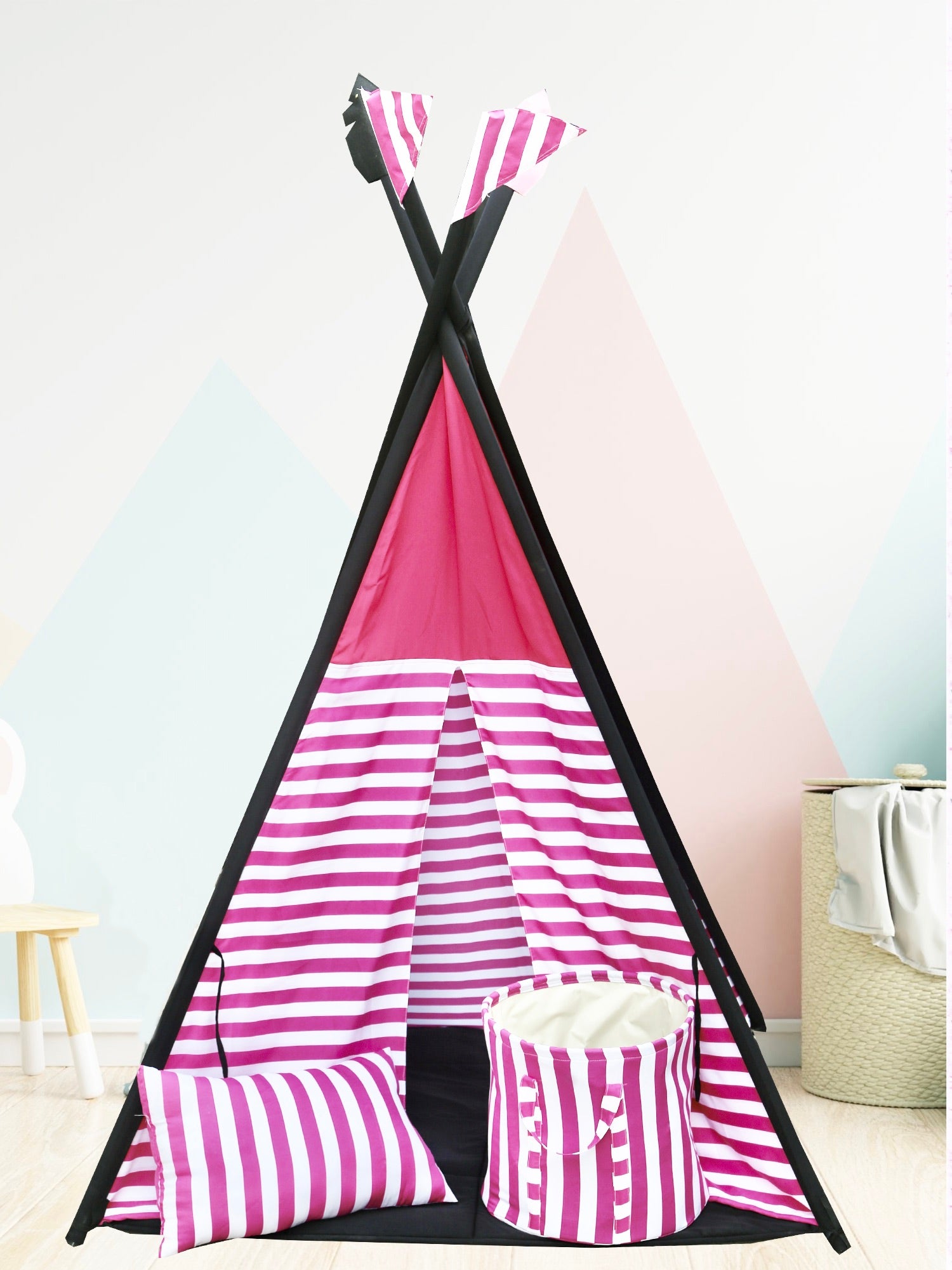 Outdoor and Indoor Pink Stripe print Teppee tent with Black Mat –  