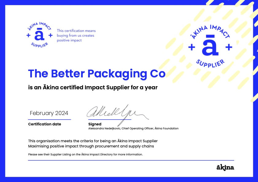 Akina Certification for the Better Packaging Co