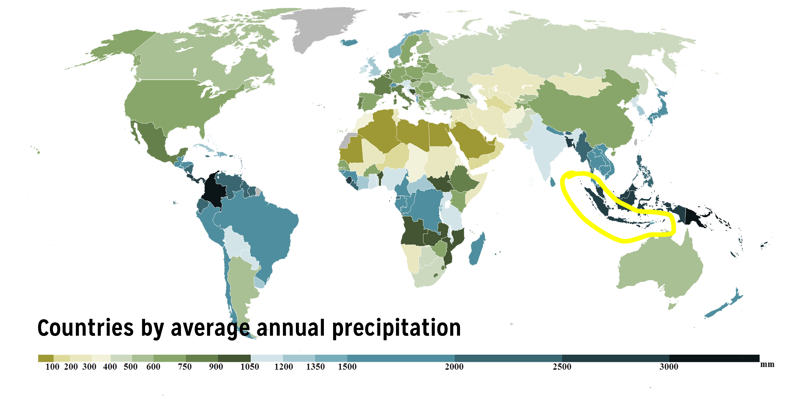 World map of countries by average annual precipitation