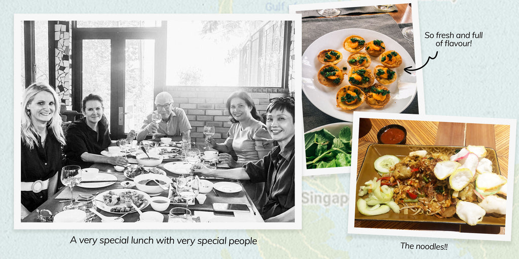 Collage of Becs and Kate having lunch at a factory, photos of delicious south east asian dishes
