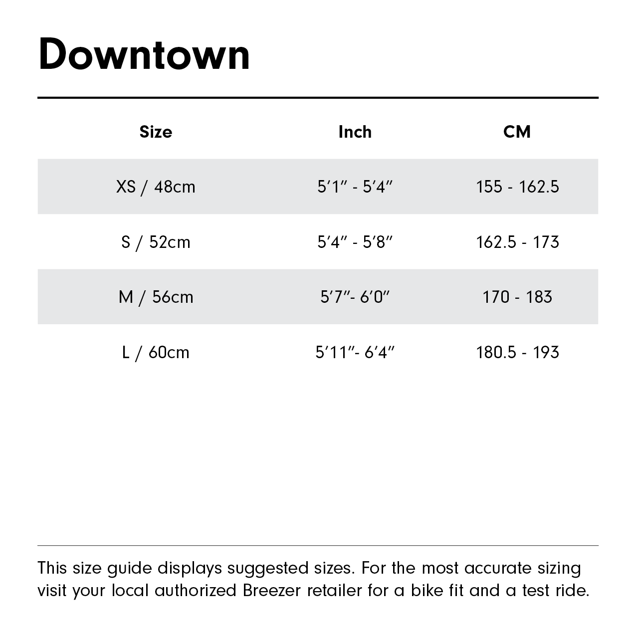 Downtown Size Guide